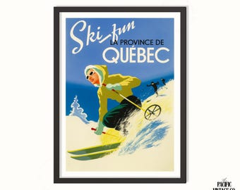 Puede incluir: Cartel de esquí vintage con un esquiador con chaqueta amarilla y gafas de sol, esquiando por una ladera nevada. El cartel tiene las palabras "Ski Fun" y "La Province de Quebec" en blanco y azul sobre un fondo de cielo azul. El cartel está enmarcado.