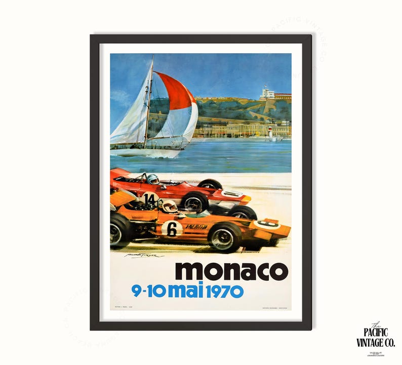 May include: Vintage Monaco Grand Prix poster featuring two race cars in orange and red, with a sailboat in the background. The poster has the text "Monaco" and "9-10 mai 1970" in blue and white.