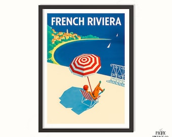 French Riviera Vintage Travel Poster – Mediterranean Coast Art Print, Retro Beach Wall Decor, South of France Holiday Poster