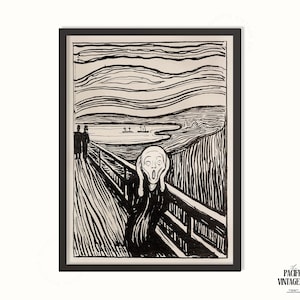 May include: Framed black and white print of Edvard Munch's "The Scream." The artwork shows a figure with a wide-open mouth and hands on their face, on a bridge. The background features a wavy sky and landscape.