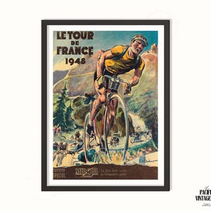 May include: Vintage poster print of the 1948 Tour de France. The artwork depicts a cyclist in a yellow jersey racing uphill. The poster includes the text "LE TOUR DE FRANCE 1948" and "MIROIR". The artwork is framed in a black frame.