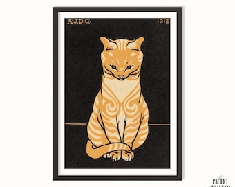 Art Deco Cat Poster – Vintage 1918 Feline Illustration Print, Minimalist Black and Gold Wall Art, Classic Animal Decor