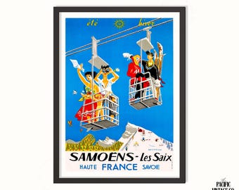 Cartel de esquí vintage de Samoëns Les Saix – Impresión de viajes de Alta Saboya Francia, arte retro del teleférico, decoración de la pared de deportes de invierno