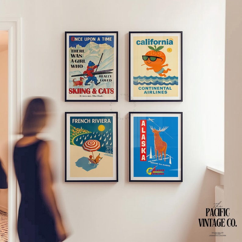 Vintage Once Upon a Time Girl Poster – Skiing and Cats Vintage Print ...