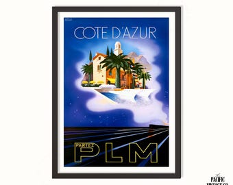 Cote d’Azur Vintage Travel Poster – French Riviera Art Print, 1930s Style Coastal Wall Decor, Retro France Beach Poster, Vintage Wall Art