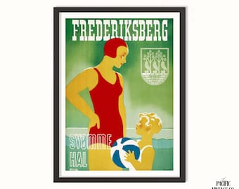 Frederiksberg Denmark Poster – Vintage Swimming Pool Print, Scandinavian Travel Art, Retro Danish Wall Decor, Vintage Travel Poster