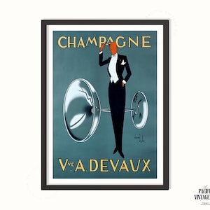 Op de afbeelding: Vintage champagne poster in een zwarte lijst. De poster toont een figuur in smoking, twee grote champagneglazen en de woorden "CHAMPAGNE" en "V. A. DEVAUX" in gouden letters tegen een teal achtergrond.