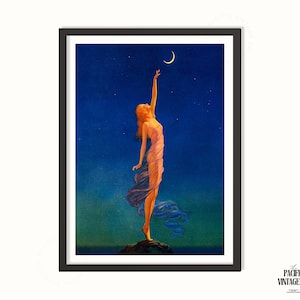 Könnte beinhalten: Ein gerahmter Vintage-Kunstdruck zeigt eine Frau, die in einem Nachthimmel nach dem Mond greift. Die Frau trägt ein fließendes rosa Kleid mit langen roten Haaren. Der Hintergrund ist ein Farbverlauf aus Dunkelblau und Schwarz mit Sternen.