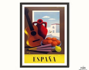 España Travel Poster – Vintage Spain Tourism Print, Spanish Guitar Art, Retro Mediterranean Wall Decor, Vintage Home Decor