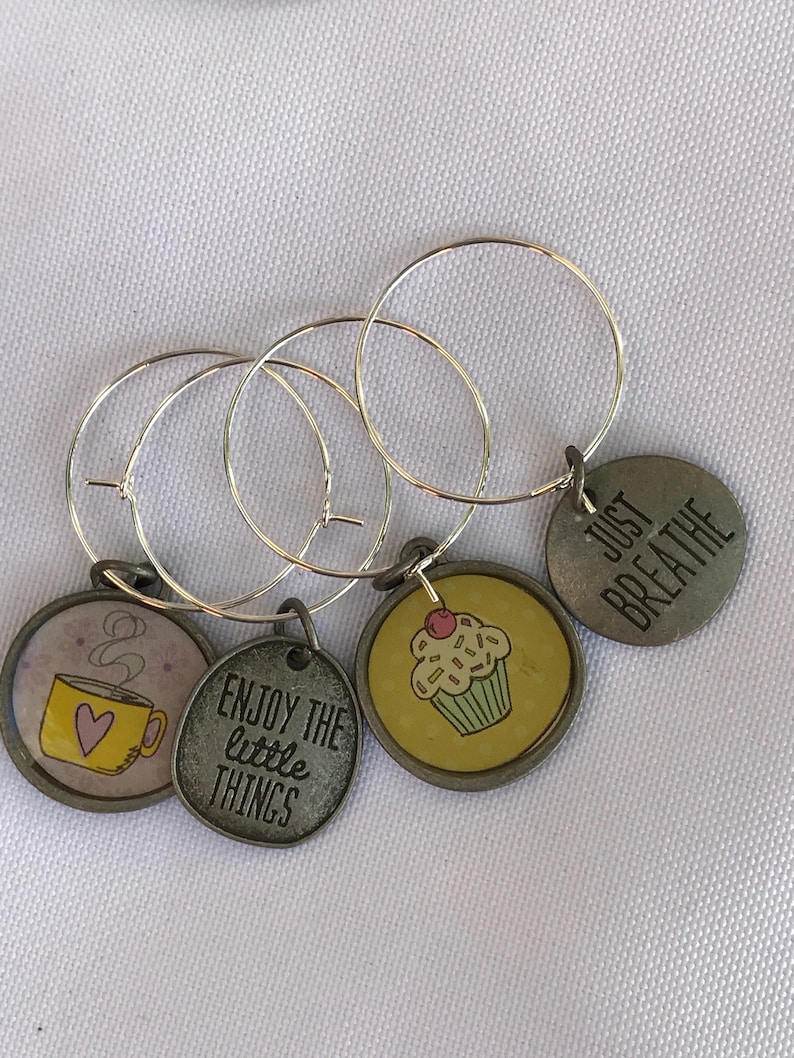 FREE SHIPPING Wine Charm Set 4 Daily Life Coffee Cupcake Just Breathe Enjoy the Little Things Wine glass charms Bunco Gift Favor Handmade