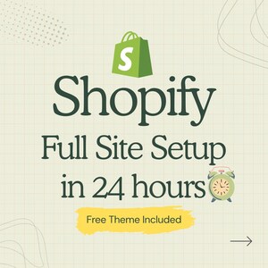 Könnte beinhalten: Werbegrafik für Shopify, die eine vollständige Website-Einrichtung innerhalb von 24 Stunden anbietet. Das Shopify-Logo ist eine grüne Einkaufstasche mit einem weißen "S". Der Text lautet "Full Site Setup in 24 hours" und "Free Theme Included". Eine Uhr ist ebenfalls abgebildet.