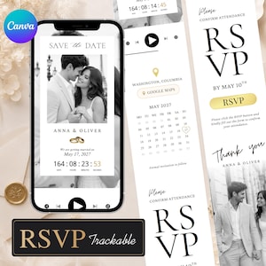May include: A digital wedding invitation template displayed on a smartphone screen, featuring a black and white couple photo, the text SAVE THE DATE, ANNA & OLIVER, a countdown timer, a calendar for May 2027, and an RSVP button with RSVP text.