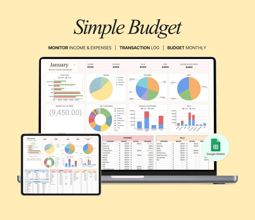 Simple Budget Planner Google Sheets Monthly Budget Spreadsheet Weekly ...