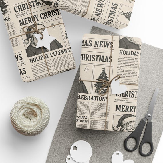 Vintage Christmas Wrapping Paper, Holiday Gift Wrap, Newspaper, Retro Christmas Decor, Seasonal Paper for Gifts