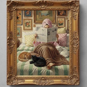 Cozy Cat Art Poster, Reading Woman, Relaxing Home Decor
