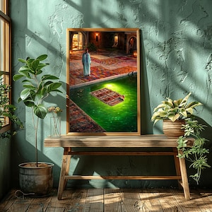 May include: A framed artwork depicts a person in a blue robe standing near a pool with a floating rug. The pool has green water, and the scene is set in a room with colorful rugs and warm lighting. The frame is gold.