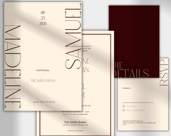 Luxury Burgundy Wedding Invitation Template | Modern Minimalist Red & Cream Invite Set | Editable Canva Suite