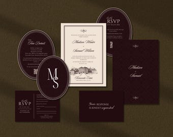 Könnte beinhalten: Ein Hochzeitspapeterie-Set bestehend aus einer rechteckigen Einladung mit cremefarbenem Hintergrund und dunkler Schrift sowie mehreren dunkelburgunderroten Karten in ovalen und rechteckigen Formen. Das Set enthält RSVP-Karten, eine Detailkarte und eine Monogrammkarte mit den Buchstaben MS.