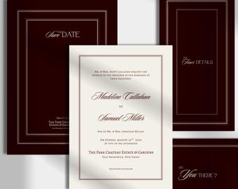 Luxury Burgundy Wedding Invitation Suite Template, Classic Cream & Wine Invite, Elegant Old Money Wedding