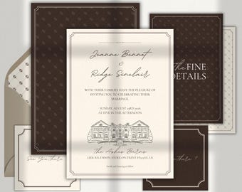 Klasyczny szablon zaproszenia ślubnego w odcieniach brązu i kremu espresso | Eleganckie zaproszenia firmowe | Edytowalny pakiet Canva