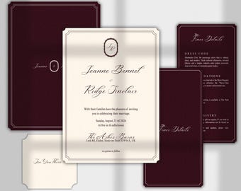 Luxury Burgundy Wedding Invitation Template, Elegant Mnogram Wine Red Invite Suite,  Editable Canva Download