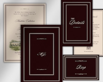 Luxury Burgundy Wedding Invitation Template Set | Old Money Wine Red & Cream Invite | Editable Canva