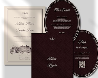 Luxury Burgundy Wedding Invitation Template | Maroon Venue Sketch Invite | RSVP Details Cards | Editable Canva