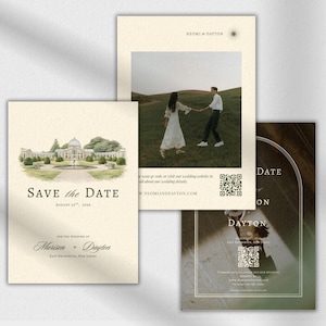 Peut inclure: Ensemble de papeterie de mariage, comprenant une carte "Save the Date" avec une illustration de bâtiment et des cartes avec des photos. Le texte comprend "Neomi & Dayton" et "23 août 2014". Des codes QR sont également présents.
