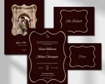 Luxury Burgundy Wedding Invitation Suite Template| Classic Old Money Invite Set | RSVP Details Card