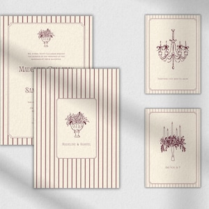 Plantilla de invitación de boda vintage burdeos / Conjunto de invitaciones clásicas a rayas crema / Paquete editable de Canva