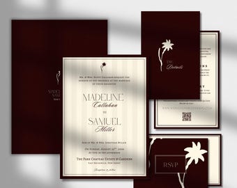 Luxury Burgundy & Cream Wedding Invitation Template Set | Elegant Wine Red  Invite |  Editable Canva Suite