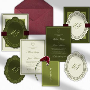 May include: A wedding invitation suite featuring dark olive green and cream cardstock with burgundy accents. The set includes rectangular cards, oval-shaped tags with the initials MJ, a burgundy envelope, and a dark red calla lily flower illustration.