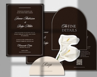 Elegancki, ciemnobrązowy szablon zaproszenia ślubnego, zestaw zaproszeń Old Money Espresso Chocolate | Edytowalny Canva