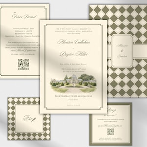 Puede incluir: Un conjunto de invitaciones de boda de color marfil con un diseño clásico. La invitación principal presenta los nombres "Marison Callahan" y "Dayton Miller" con una ilustración escénica. Tarjetas adicionales incluyen RSVP e información detallada.