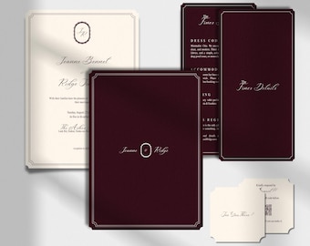 Luxury Burgundy Wedding Invitation Suite Template | Elegant  Old Money Wine Red Invite |  Editable Canva