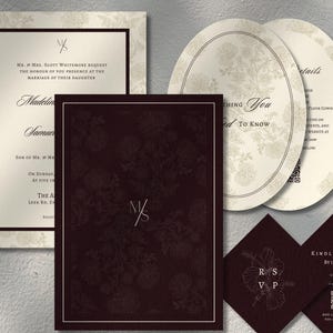May include: A wedding stationery set featuring a rectangular invitation, a dark burgundy card with a floral pattern, two oval detail cards, and two diamond-shaped RSVP cards. The cards display the monogram M/S, floral motifs, and QR codes.