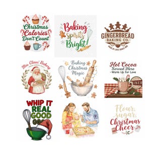 May include: A collage of Christmas-themed baking graphics. Designs include text like "Christmas Calories Don't Count" and "Baking Spirits Bright!" Gingerbread men, Santa Claus, and baking tools are also featured. The images are in a watercolor style.
