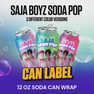 May include: Image of three soda cans with the text "SAJA BOYZ SODA POP". The cans are in blue, green, and pink, each with a different design. The cans are 12 oz.