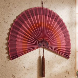 Sunset Ombre Bamboo Wall Fan, Large Fan Wall Decor Above Couch, Oversized 60 Inch Plum Coral Wall Hanging, Grandmillennial Living Room Art