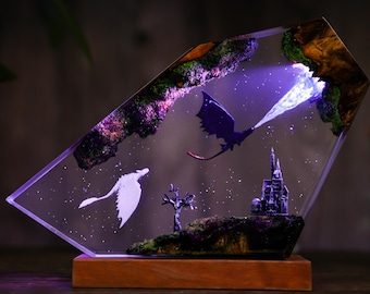 Toothless & Light Fury Resin Lamp, Handmade Epoxy Diorama, Dragon HTTYD Night Light gaming decor, christmas gift for him Christmas Decor