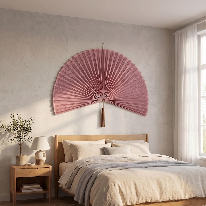 Sage Green Bamboo Wall Fan, Large Fan Wall Decor Above Bed & Console, Oversized 60 Inch Boho Wall Hanging with Tassel, Organic Modern Decor Bild 5
