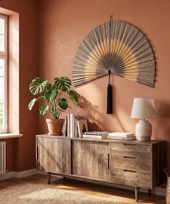 Natural Bamboo Wall Fan, Large Japandi Fan Wall Decor Above Bed, Oversized 60 Inch Neutral Wall Hanging with Black Tassel, Minimalist Decor