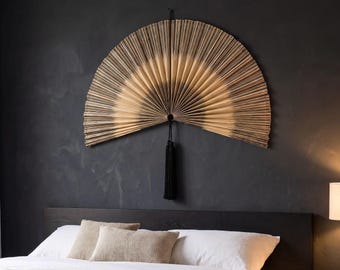 Bamboo Fan Wall Decor, Large Black and Natural Wall Hanging for Over Bed, Handwoven Boho Headboard Art, Housewarming Gift
