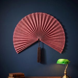 Dusty Rose Bamboo Wall Fan, Large Fan Wall Decor Above Couch & Entryway, Oversized 60 Inch Blush Wall Hanging with Tassel, Living Room Art