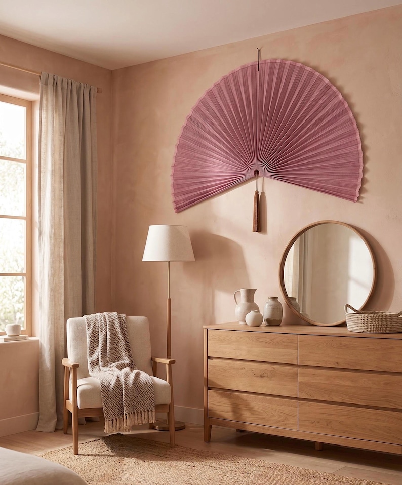 Sage Green Bamboo Wall Fan, Large Fan Wall Decor Above Bed & Console, Oversized 60 Inch Boho Wall Hanging with Tassel, Organic Modern Decor Dusty Pink