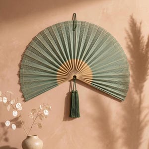 Sage Green Bamboo Wall Fan, Large Fan Wall Decor Above Bed & Console, Oversized 60 Inch Boho Wall Hanging with Tassel, Organic Modern Decor