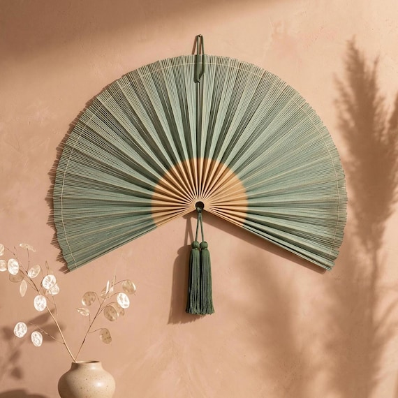 Sage Green Bamboo Wall Fan, Large Fan Wall Decor Above Bed & Console, Oversized 60 Inch Boho Wall Hanging with Tassel, Organic Modern Decor