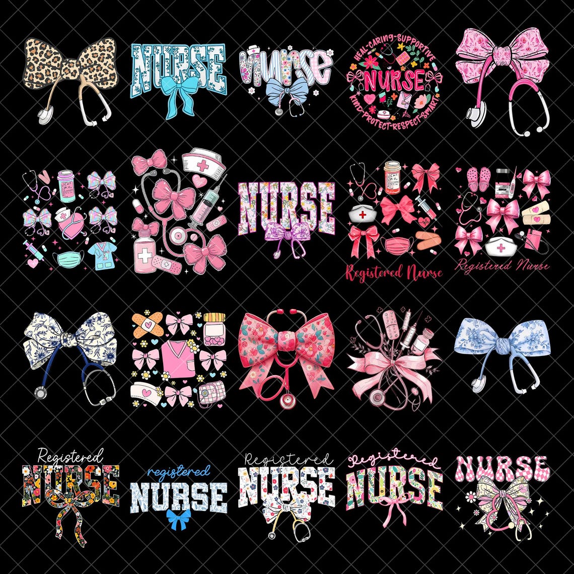Preppy Nurse Floral Coquette Png Bundle, Floral Stethoscope Nurse Bow ...