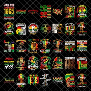 May include: A variety of Juneteenth designs on a black backdrop. The designs incorporate text such as "Juneteenth 1865" and "Breaking Every Chain." The colour scheme includes red, yellow, green, and black, with images of fists, maps, and portraits.