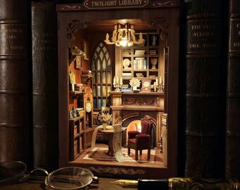 DIY Twilight Library Book Nook Kit, Miniature Dollhouse Bookshelf Insert Decor